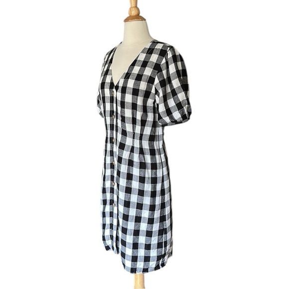 LOFT Gingham Linen Blend Button Up Dress Black White Preppy Girly Casual Size 10 - Picture 7 of 16